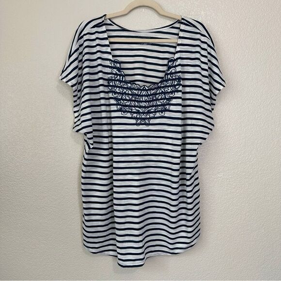Lane Bryant Blue White Striped Embroidered Neckline Short Sleeves Top - Picture 1 of 9